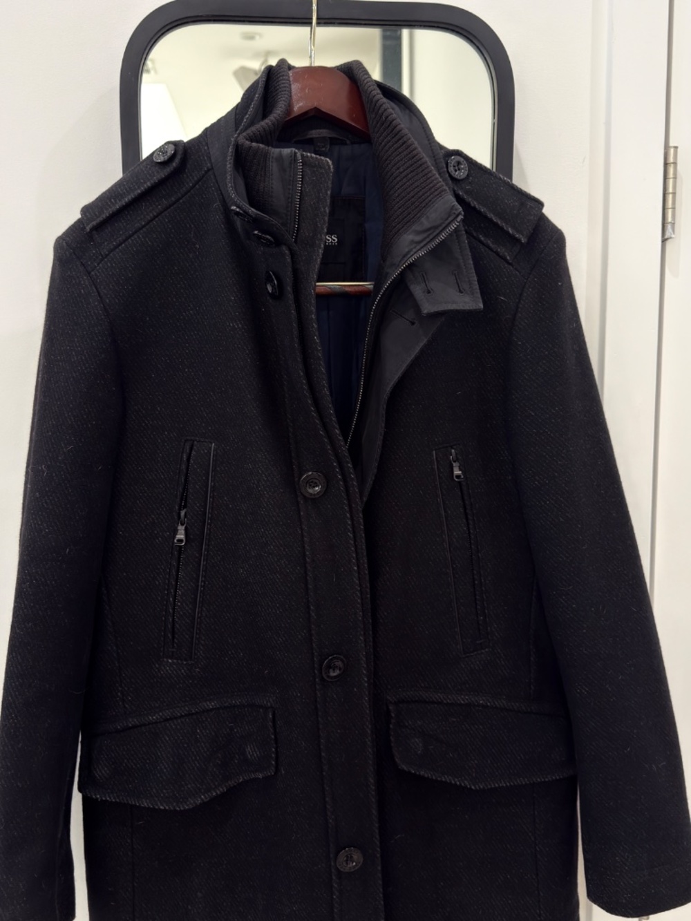 Hugo Boss Black Men's Wool Pea Coat with Stand Collar